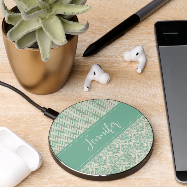 Distressed Aqua Chevron and Damask Custom Name  Wireless Charger (Desk 2)