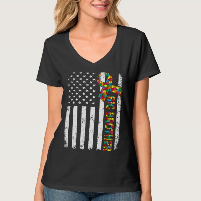 Distressed Autism Big Brother American Flag Family T-Shirt (Front)