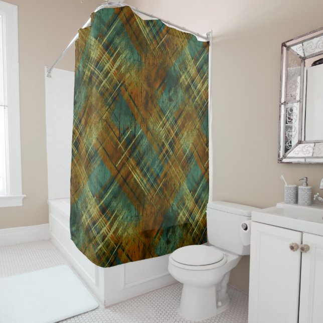  Distressed Autumnal Tartan Check Pistachio Band  Shower Curtain (In Situ)