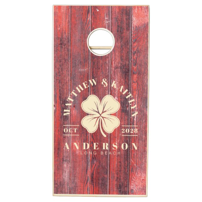 Distressed Barn Boards Irish Clover Wedding Crest Cornhole Set (Right)