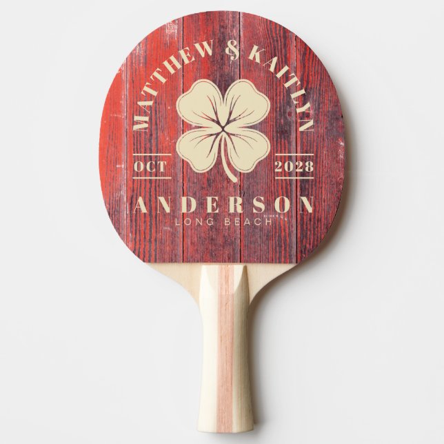 Distressed Barn Boards Irish Clover Wedding Crest Ping Pong Paddle (Front)