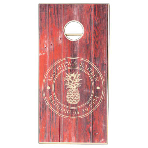 Distressed Barn Boards Pineapple Wedding Names Cornhole Set