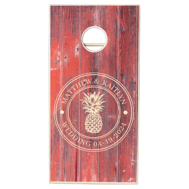 Distressed Barn Boards Pineapple Wedding Names Cornhole Set (Left)