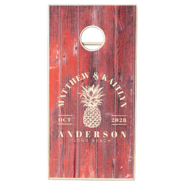 Distressed Barn Boards Tropical Pineapple Wedding Cornhole Set (Left)