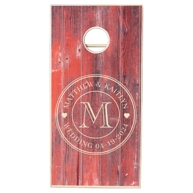 Distressed Barn Boards Wedding Monogram Heart Cornhole Set (Left)