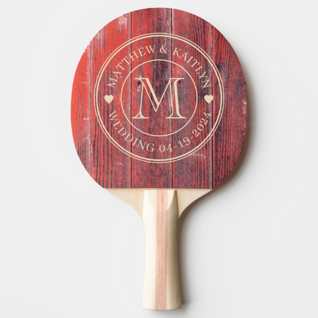 Distressed Barn Boards Wedding Monogram Heart Ping Pong Paddle (Front)