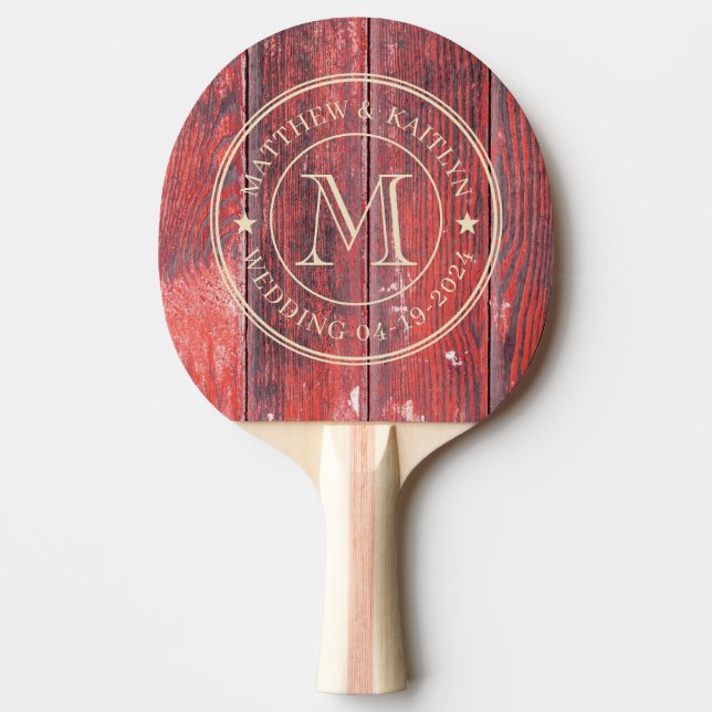 Distressed Barn Boards Wedding Monogram Star Ping Pong Paddle (Front)