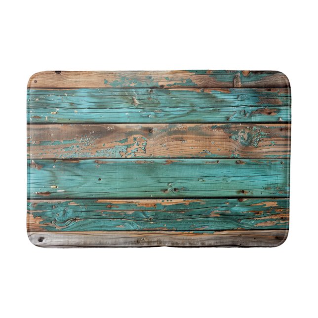 Distressed Barn Wood Teal Aqua Shabby Chic Bath Mat (Front)