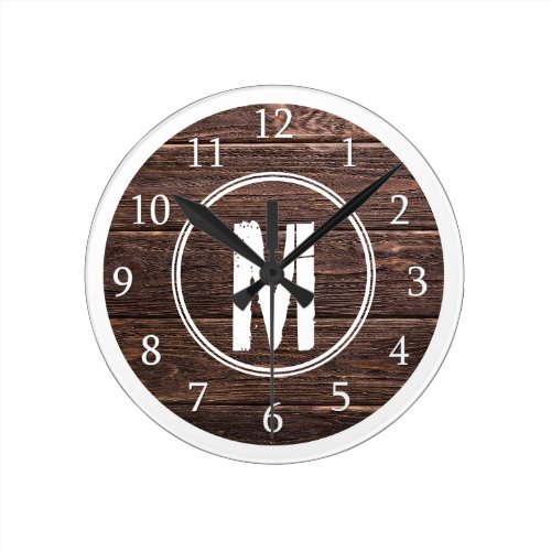 Distressed Barn Wood White Monogram Round Clock