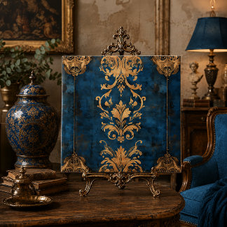Distressed Baroque Damask Pattern Blue Gold Ceramic Tile