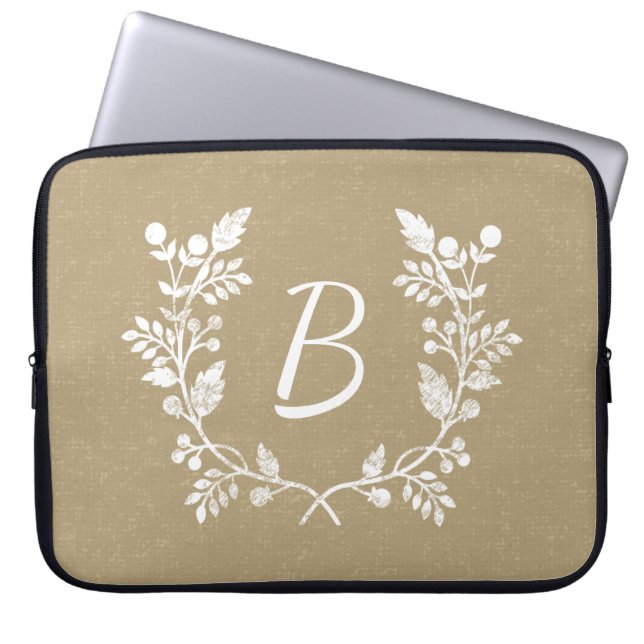 Distressed Beige White Floral Wreath Personalized Laptop Sleeve (Front)