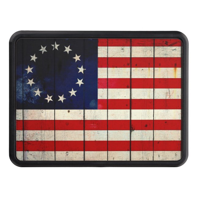 Distressed Betsy Ross Flag on old Barn Wood Hitch Cover (Front)