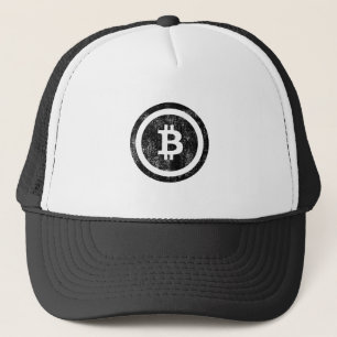 Distressed Bitcoin - Coin Logo Only Black & White Trucker Hat