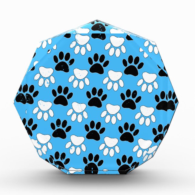 Distressed Black And White Paws On Blue Background Acrylic Award (Front)