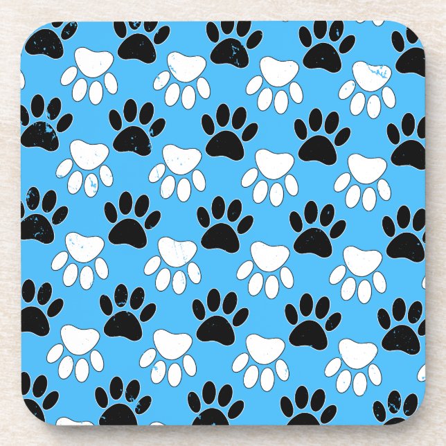 Distressed Black And White Paws On Blue Background Drink Coaster (Front)