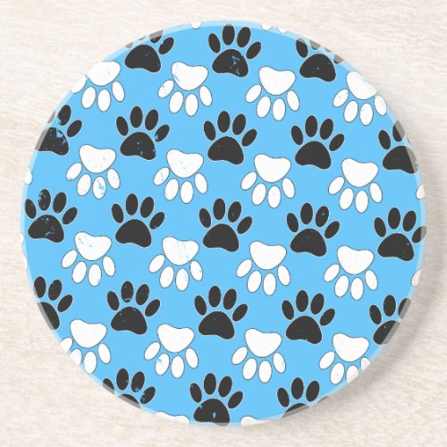 Distressed Black And White Paws On Blue Background Drink Coaster