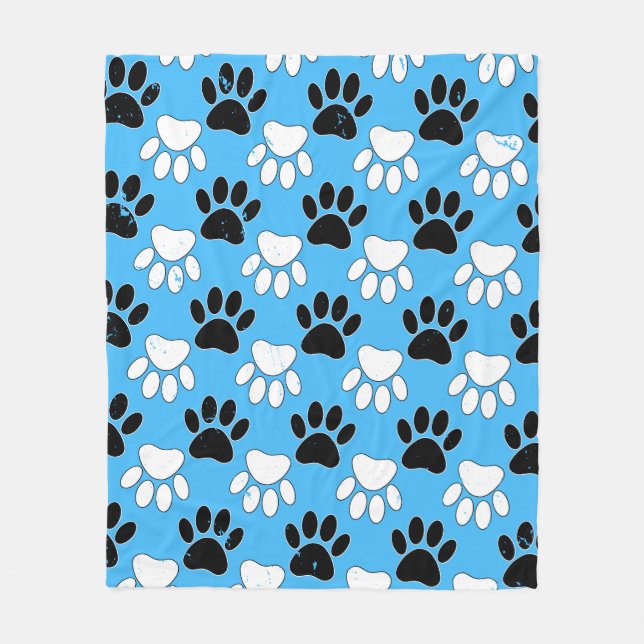 Distressed Black And White Paws On Blue Background Fleece Blanket (Front)