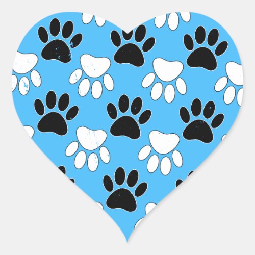 Distressed Black And White Paws On Blue Background Heart Sticker