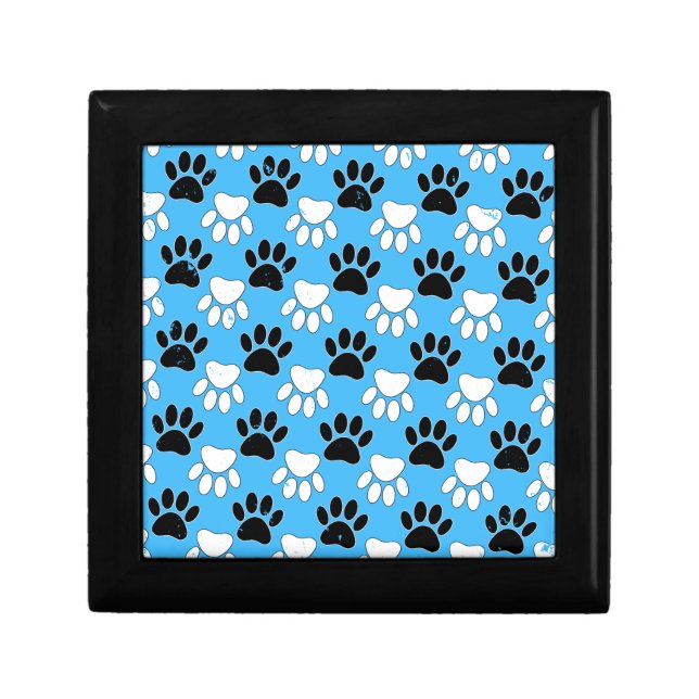 Distressed Black And White Paws On Blue Background Keepsake Box (Front)