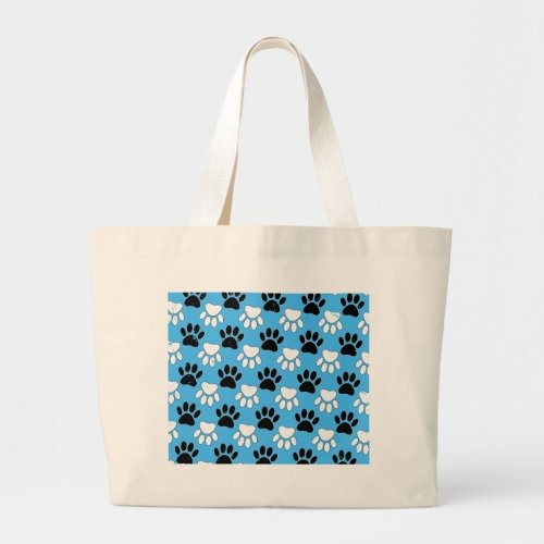 Distressed Black And White Paws On Blue Background Large Tote Bag