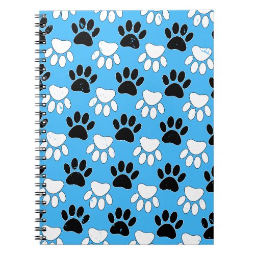Distressed Black And White Paws On Blue Background Notebook