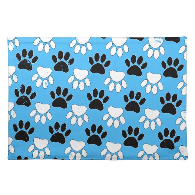Distressed Black And White Paws On Blue Background Placemat (Front)