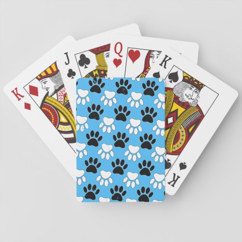 Distressed Black And White Paws On Blue Background Poker Cards