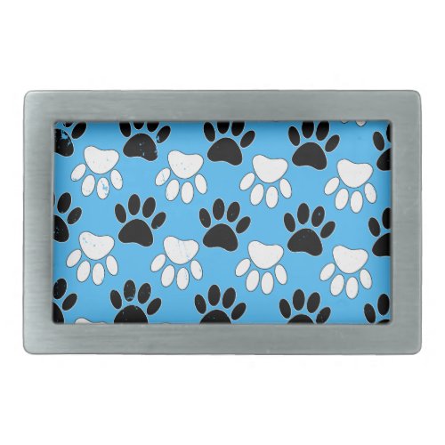 Distressed Black And White Paws On Blue Background Rectangular Belt Buckle