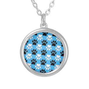 Distressed Black And White Paws On Blue Background Silver Plated Necklace