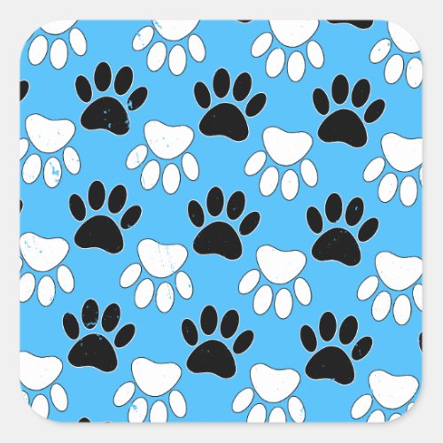 Distressed Black And White Paws On Blue Background Square Sticker