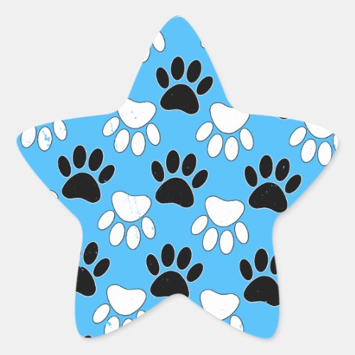 Distressed Black And White Paws On Blue Background Star Sticker