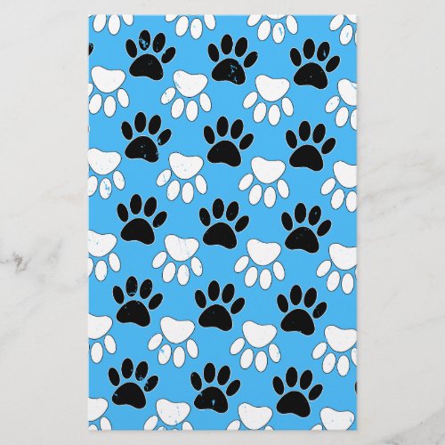 Distressed Black And White Paws On Blue Background Stationery
