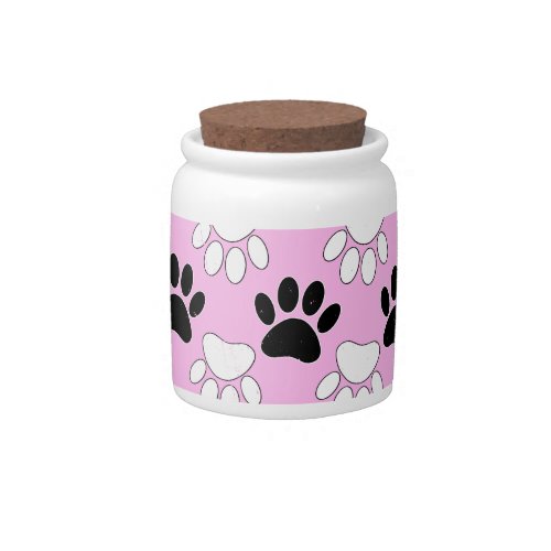 Distressed Black And White Paws On Pink Background Candy Jar