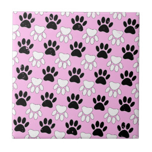 Distressed Black And White Paws On Pink Background Ceramic Tile