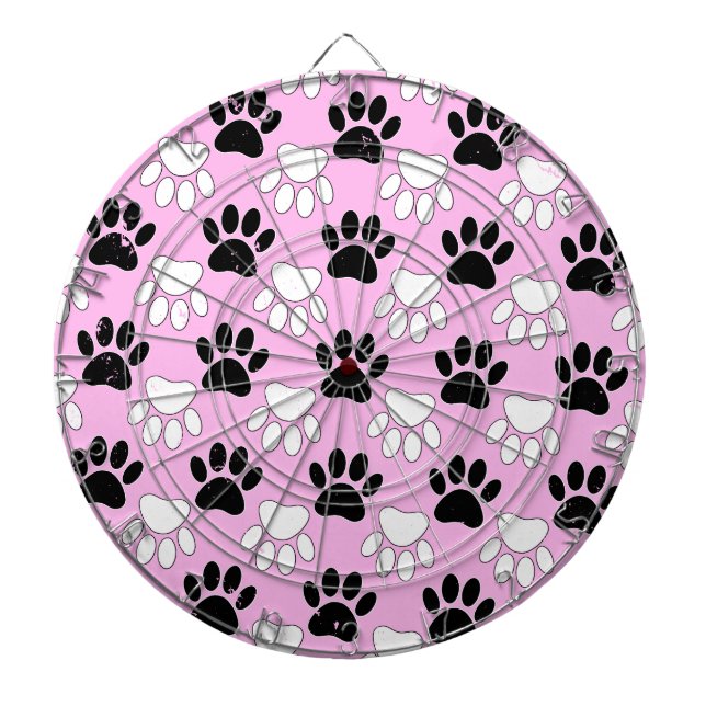 Distressed Black And White Paws On Pink Background Dart Board (Front)