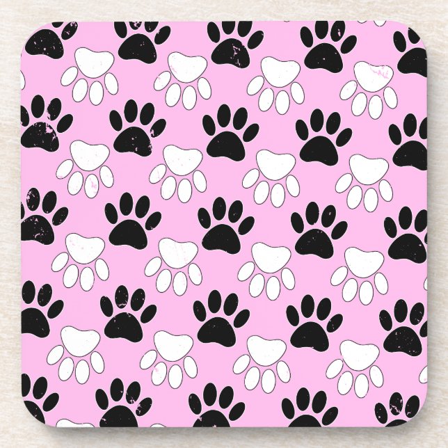 Distressed Black And White Paws On Pink Background Drink Coaster (Front)
