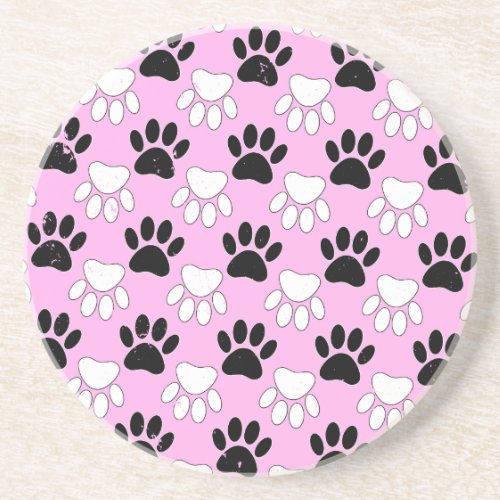 Distressed Black And White Paws On Pink Background Drink Coaster