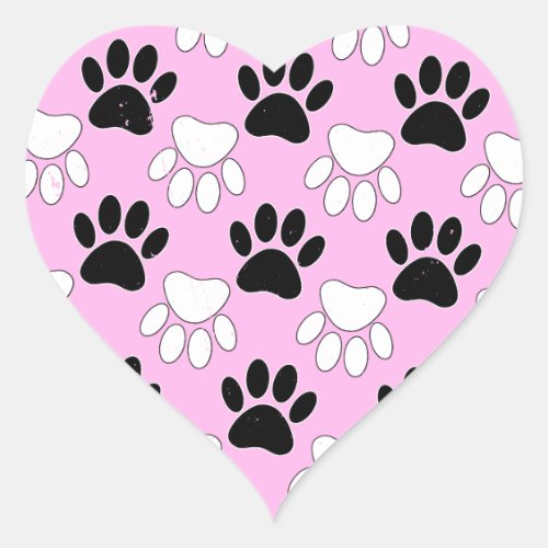 Distressed Black And White Paws On Pink Background Heart Sticker