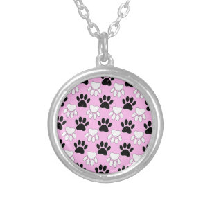 Distressed Black And White Paws On Pink Background Silver Plated Necklace