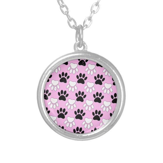Distressed Black And White Paws On Pink Background Silver Plated Necklace (Front)