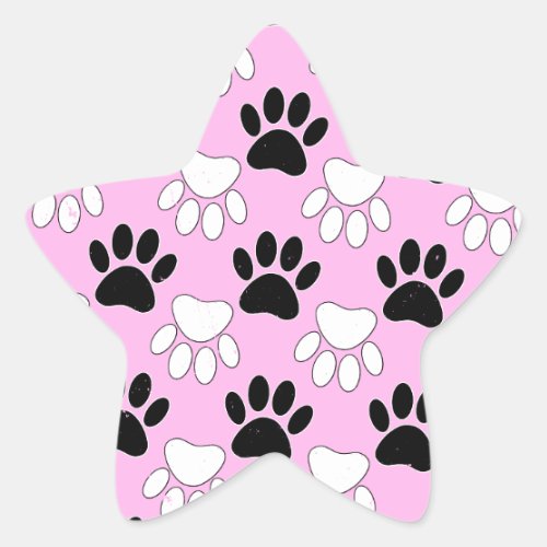 Distressed Black And White Paws On Pink Background Star Sticker