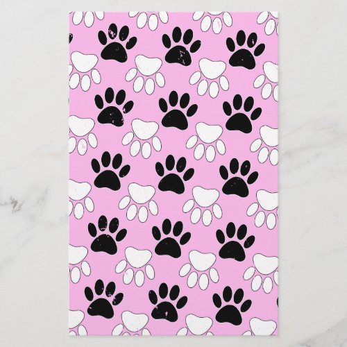 Distressed Black And White Paws On Pink Background Stationery