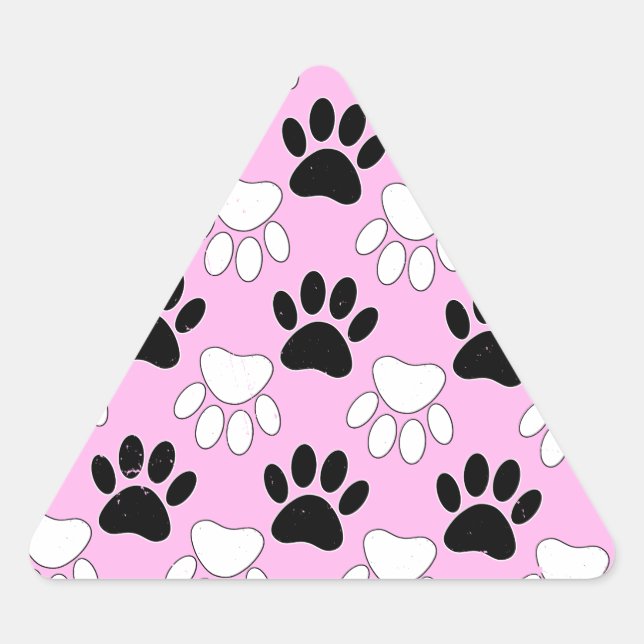 Distressed Black And White Paws On Pink Background Triangle Sticker (Front)