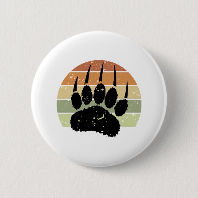 Distressed Black Bear Paw Print Retro Sunset Button (Front)