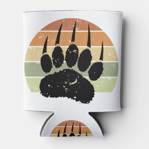 Distressed Black Bear Paw Print Retro Sunset Can Cooler