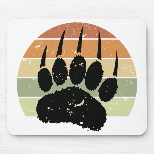 Distressed Black Bear Paw Print Retro Sunset Mouse Pad (Front)