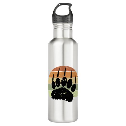 Distressed Black Bear Paw Print Retro Sunset Stainless Steel Water Bottle