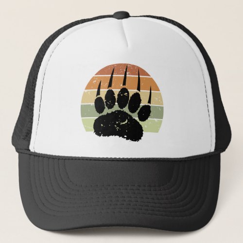 Distressed Black Bear Paw Print Retro Sunset Trucker Hat