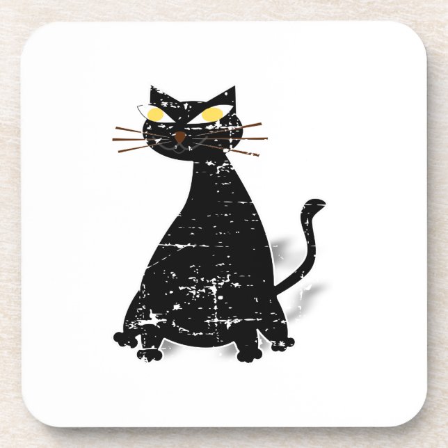 Distressed Black Fat Cat Drink Coaster (Front)