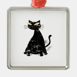 Distressed Black Fat Cat Metal Ornament